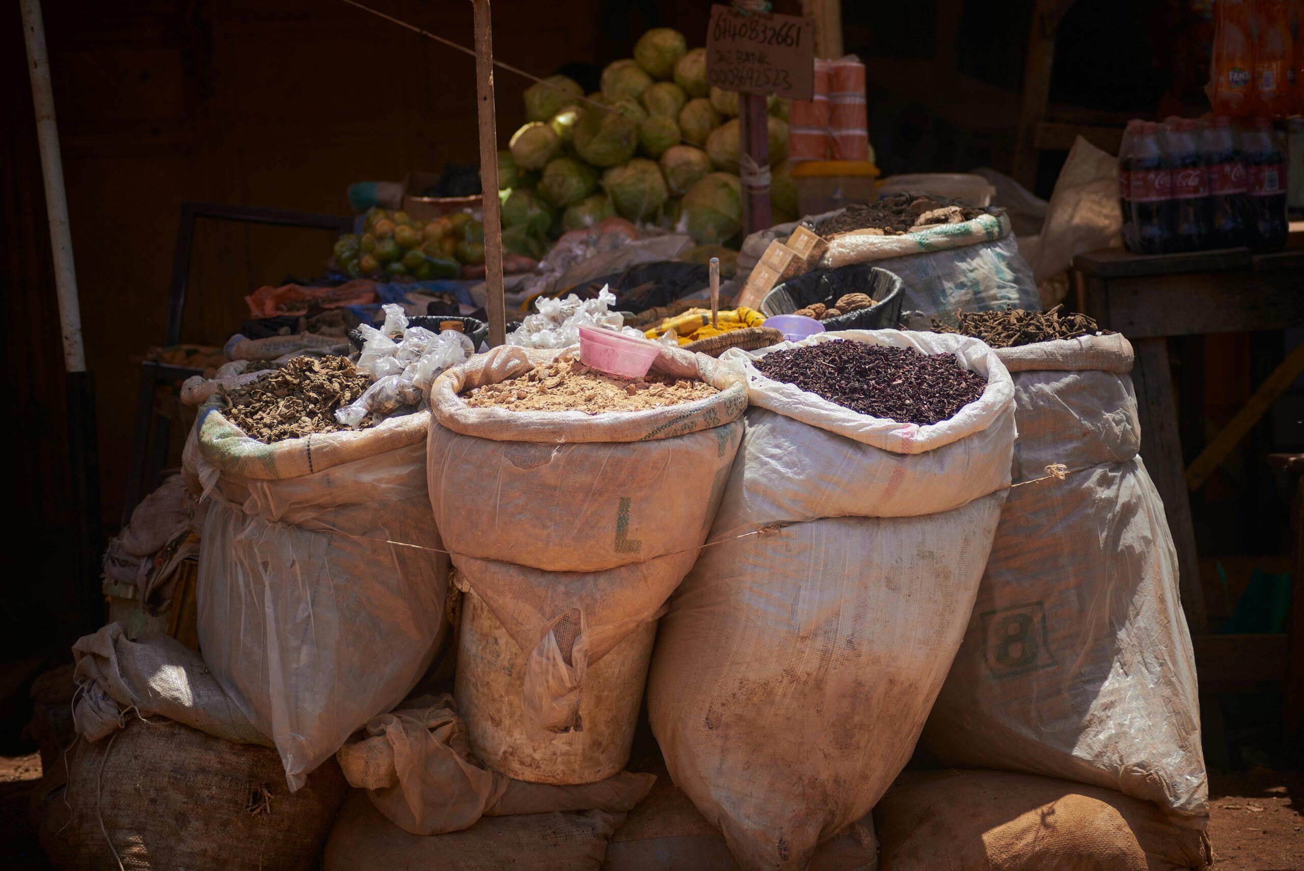 service-1 Colorful display of spices and herbs at an outdoor market in Zaria, Nigeria.